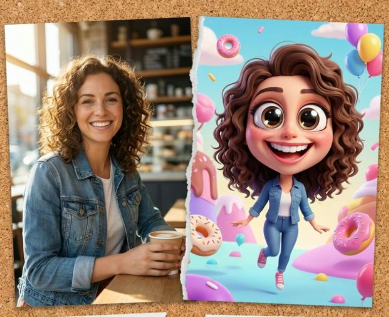 Comparison of normal photo vs AI Caricature style